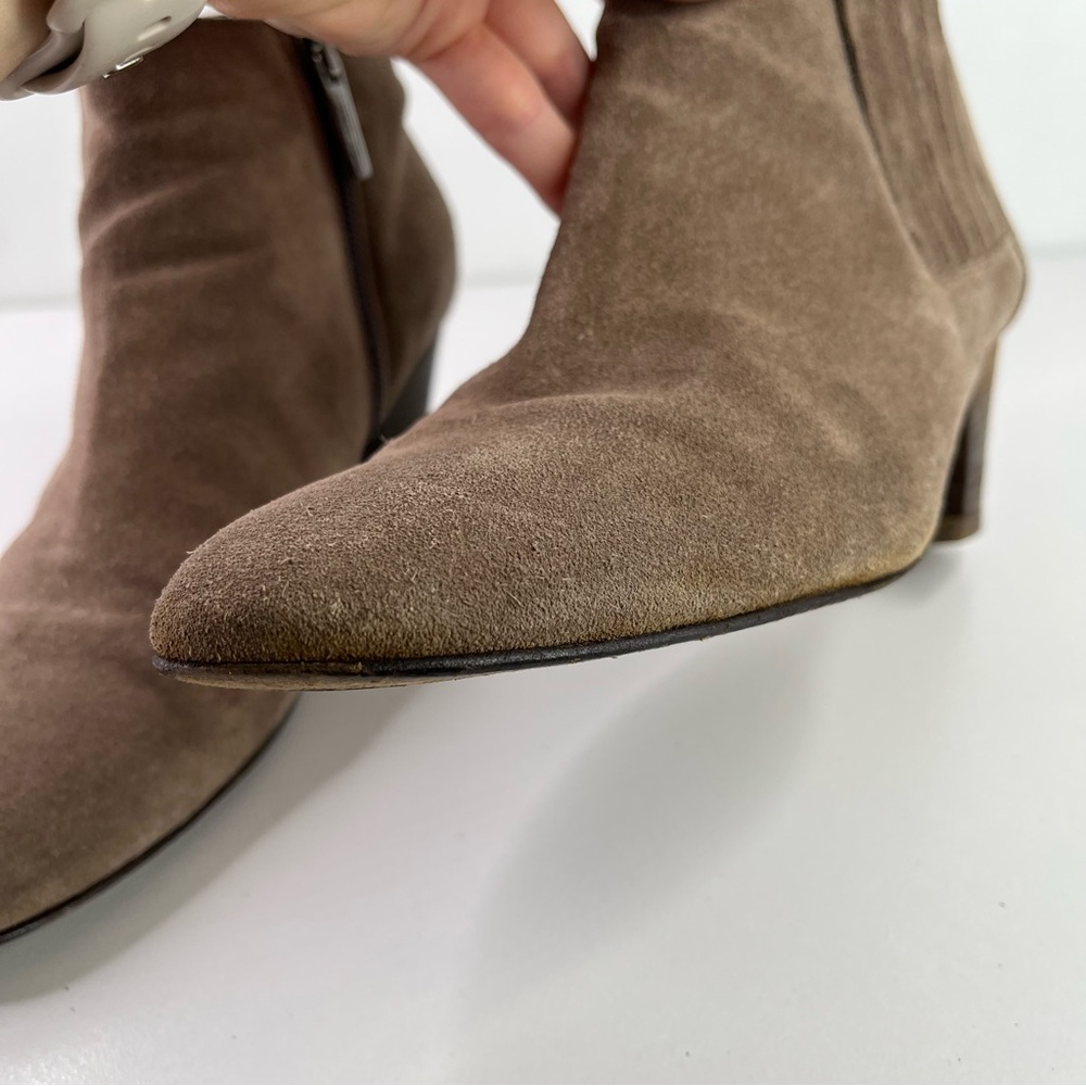 Aquatalia Tan Taupe Suede Leather Stacked Heel Zip Ankle Bootie Boot 8.5 - Picture 7 of 12